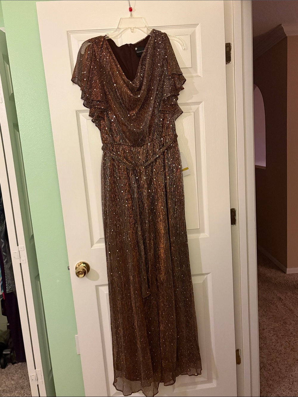 Metallic Bronze Sequin Evening Pant Suit with Draped Neckline